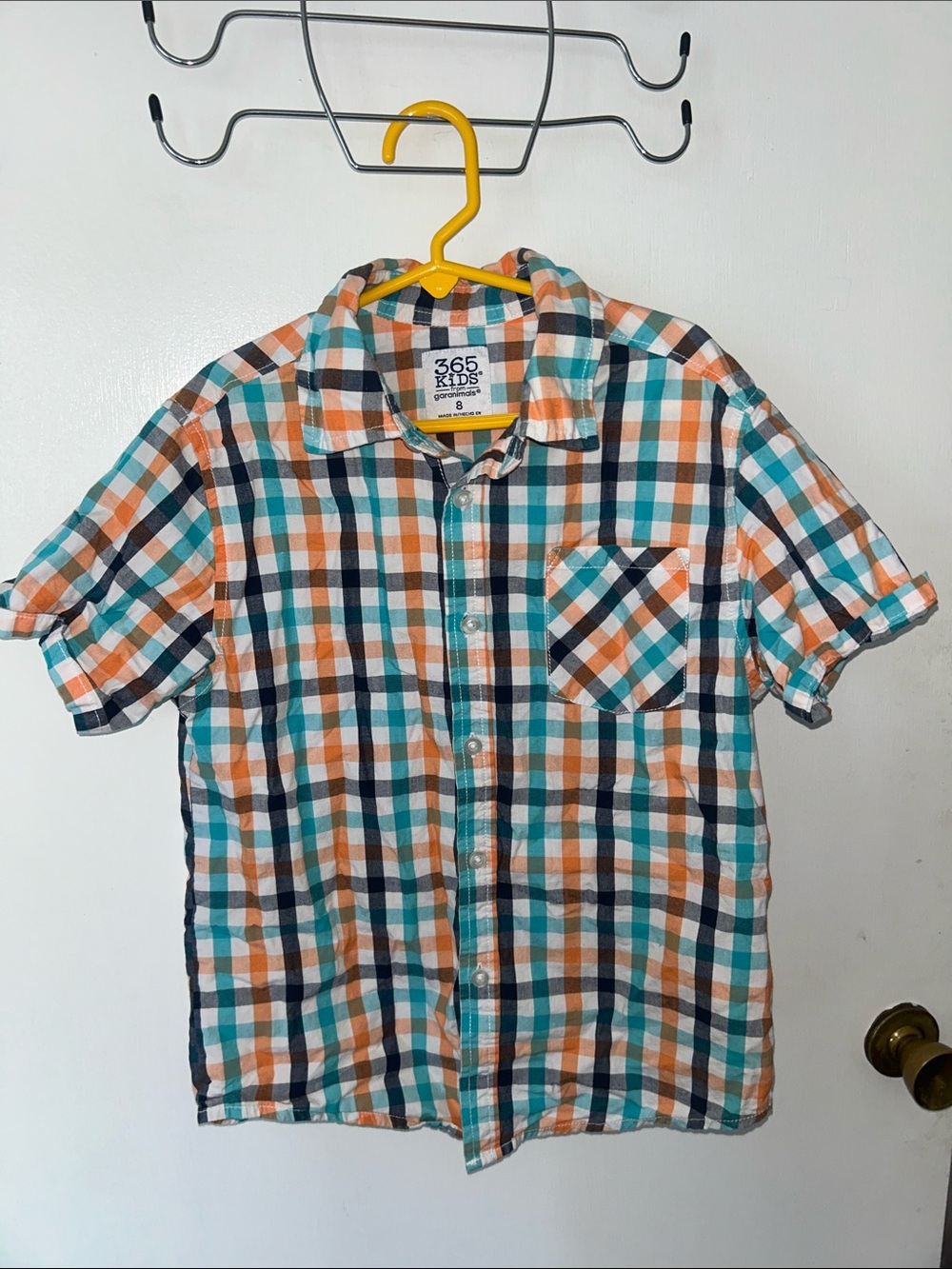 365 Kids Orange and Teal Plaid Short Sleeve Button-Down Shirt